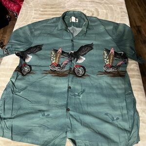 Ky's Hawaiian shirt Mens 2XL Green Motorcycle Surf Board Eagles USA Hawaii